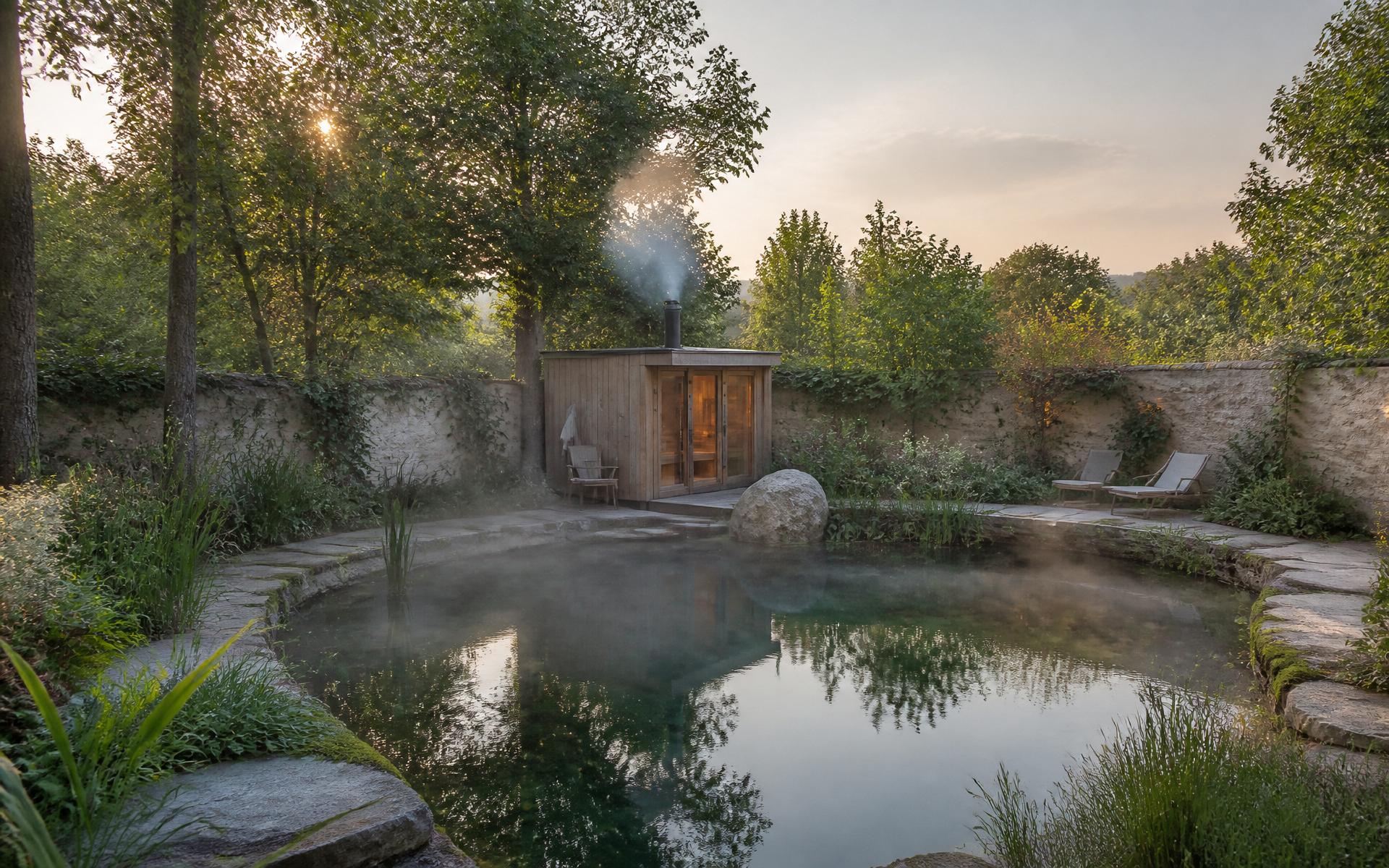 A private walled garden with a natural swimming pond and wood-fired sauna at dusk.